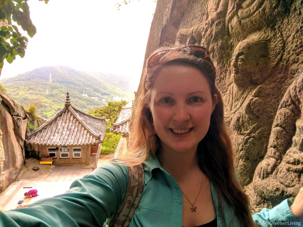 Diana at a Buddhist Temple in Korea, mountains in background