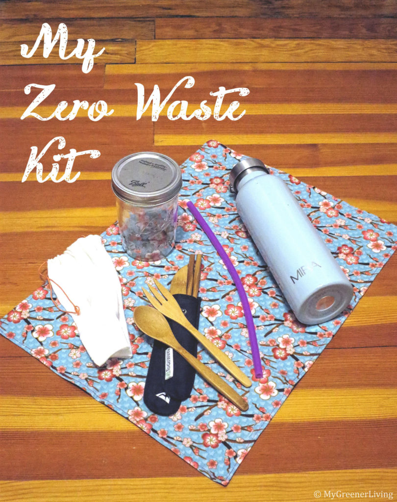 zero waste kit with reusable water bottle, mason jar, silicone straw, travel utensil set, cloth napkin, and carry bag
