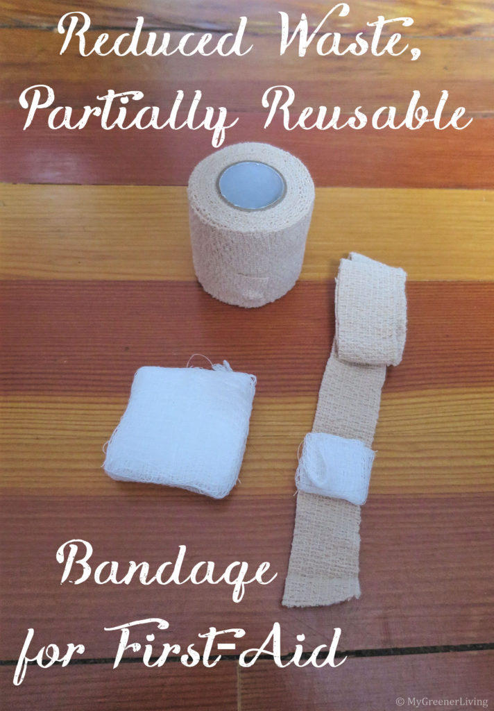 "Reduced Waste, Partially Reusable Bandage for First-Aid" text over photo of a self-adhesive bandage with gauze