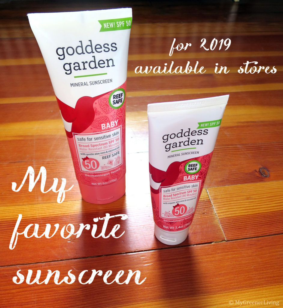 Goddess Garden Baby SPF 50 Sunscreen 3.4oz and 6 oz bottles with text "my favorite sunscreen for 2019 available in stores"