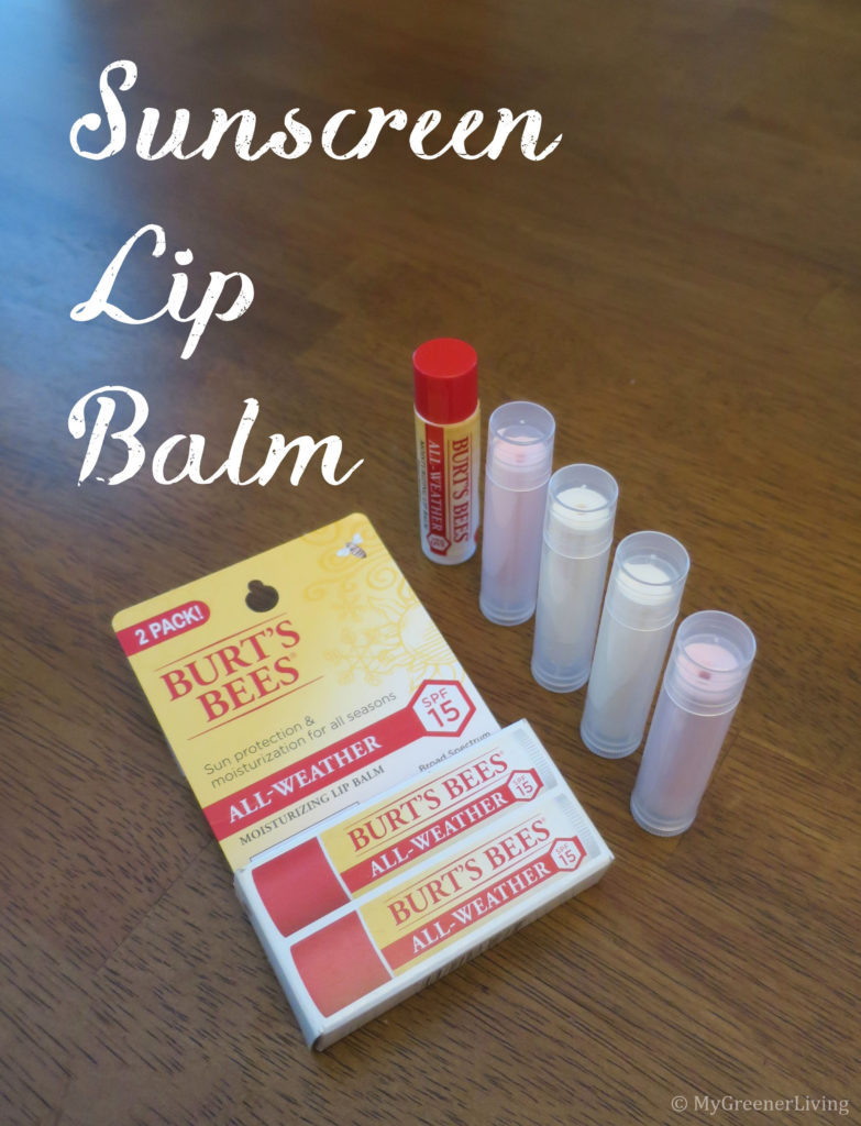 lip balm with sunscreen, package of Burt's Bees All Weather SPF 15, and tubes of homemadelip balm with sunscreen, package of Burt's Bees All Weather SPF 15, and tubes of homemade sunscreen lip balm, with text "Sunscreen Lip Balm" sunscreen lip balm